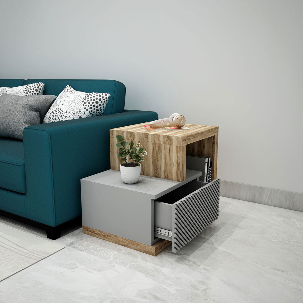 End Table, End Table with Grey & Light Brown Color, Sofa Side Table, End Table with Drawer & Open Space, End Table - EL12170