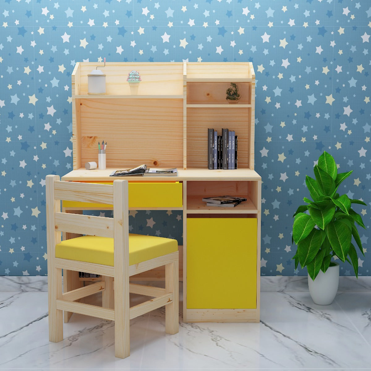 Kids Study Table, Wood & Yellow Color Study Table, Study Table with Dr ...