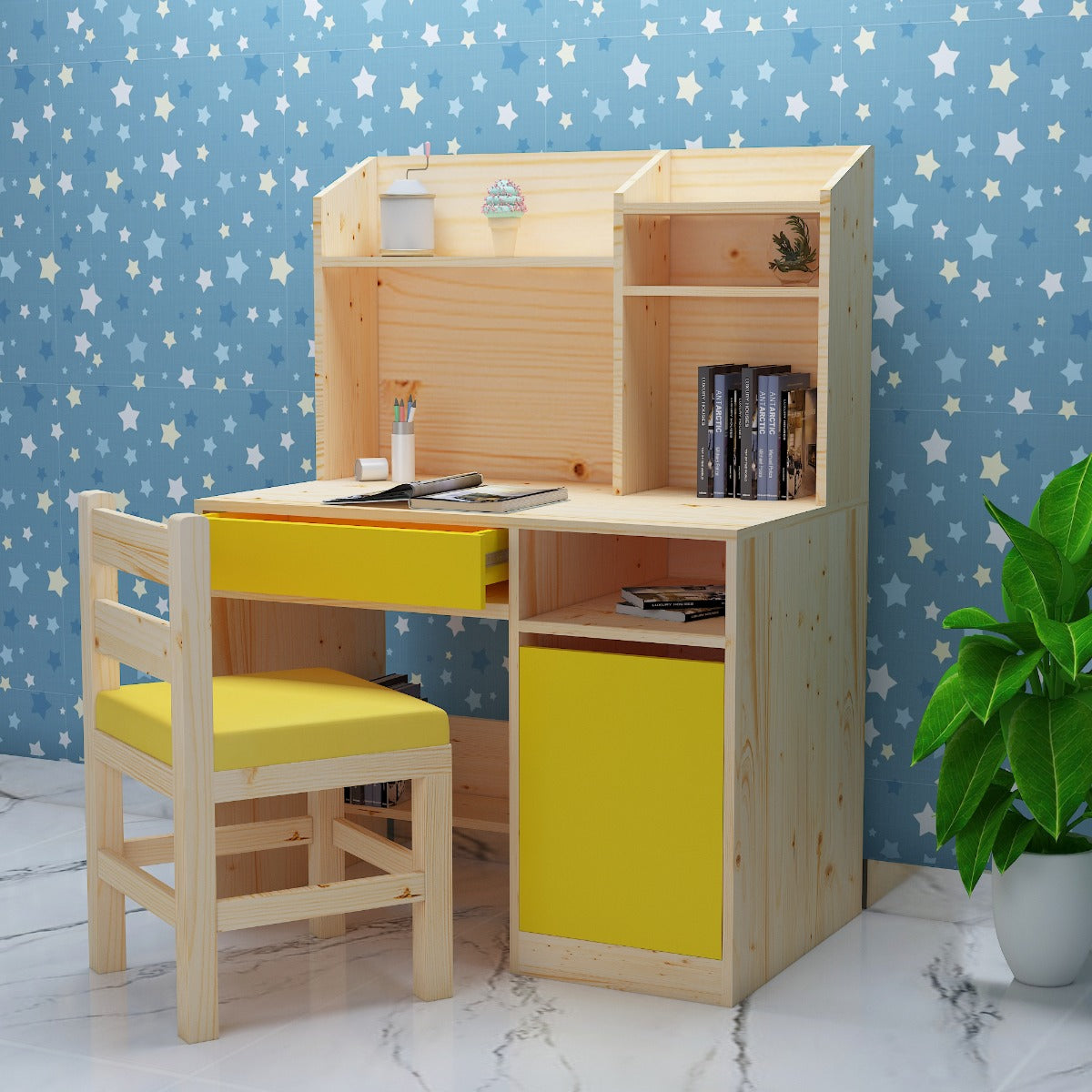 Kids Study Table, Wood & Yellow Color Study Table, Study Table with Drawer & Shutter, Study Table with Chair, Study Table - EL12185