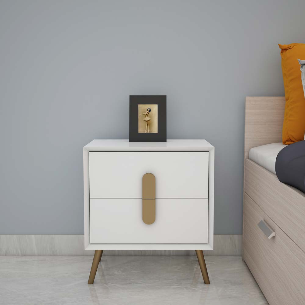 Bedside Table, White Color Bedside Table, Side Table with Drawer, Side Table with MS Leg in Golden Finish, Bedside Table - EL12186