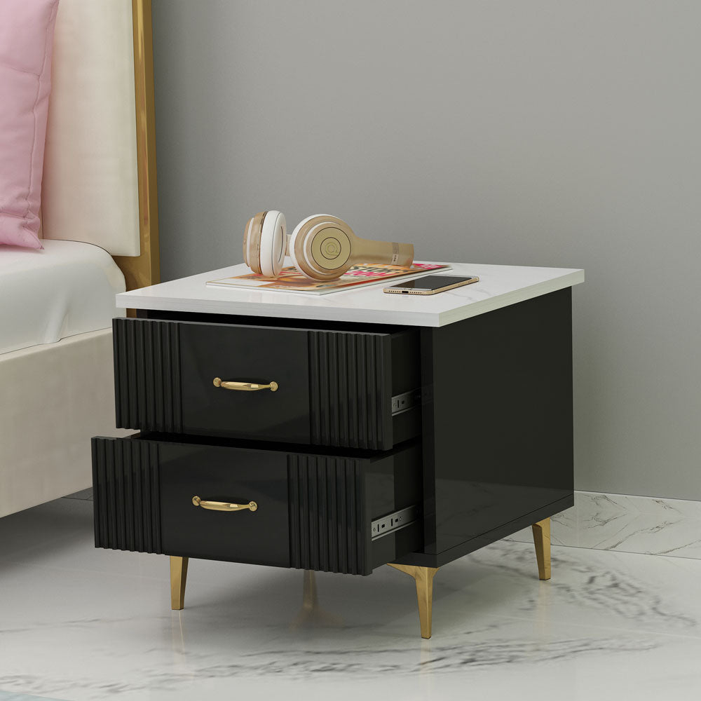 Bedside Table, Black & White Color Bedside Table, Side Table with Drawer, Side Table with MS Leg in Golden Finish, Bedside Table - EL12188