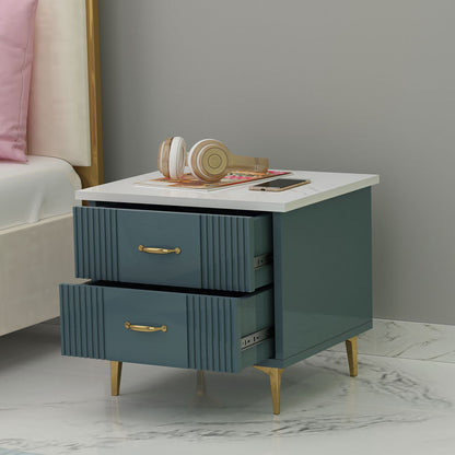 Bedside Table, Sea Green & White Color Bedside Table, Side Table with Drawer, Side Table with MS Leg in Golden Finish, Bedside Table - EL12189