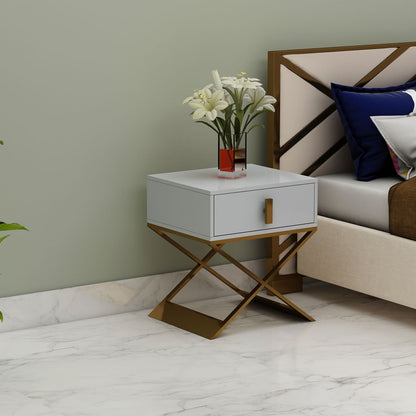 Bedside Table, Grey & Gold Color Bedside Table, Side Table with Drawer,MS Leg in Golden Finish, Bedside Table - EL12190