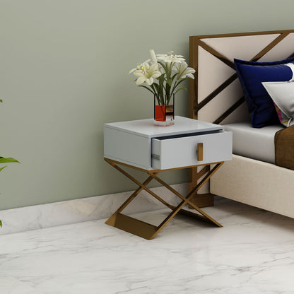 Bedside Table, Grey & Gold Color Bedside Table, Side Table with Drawer,MS Leg in Golden Finish, Bedside Table - EL12190