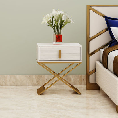 Bedside Table, Off-White & Gold Color Bedside Table, Side Table with Drawer,MS Leg in Golden Finish, Bedside Table - EL12191