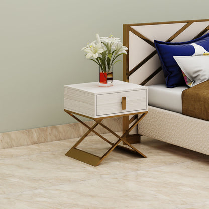 Bedside Table, Off-White & Gold Color Bedside Table, Side Table with Drawer,MS Leg in Golden Finish, Bedside Table - EL12191