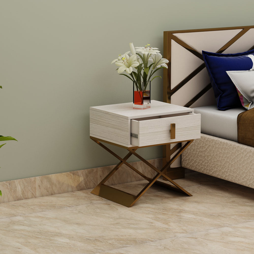 Bedside Table, Off-White & Gold Color Bedside Table, Side Table with Drawer,MS Leg in Golden Finish, Bedside Table - EL12191