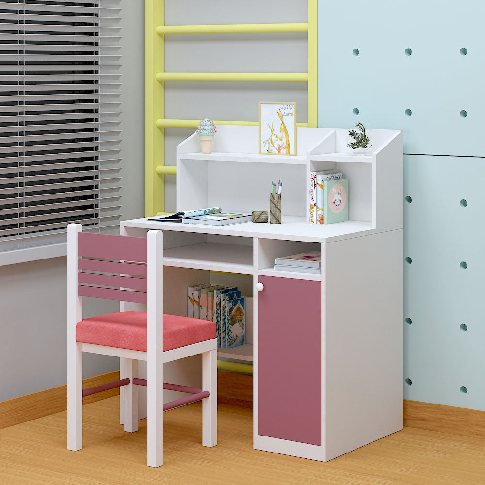 Kids Study Table & Chair, White & Pink Color Study Table & Chair, Study Table with Open Shelf, Study Table with Shutter, Study Table & Chair - EL12202