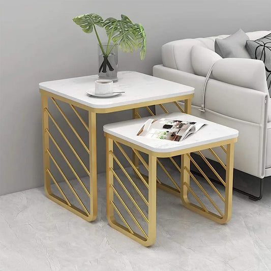 Nesting Tables, NR004(N.R.HOMESDECOR), Side Table with White & Golden Color, Sofa Side Table for Living Room, End Table - EL12214