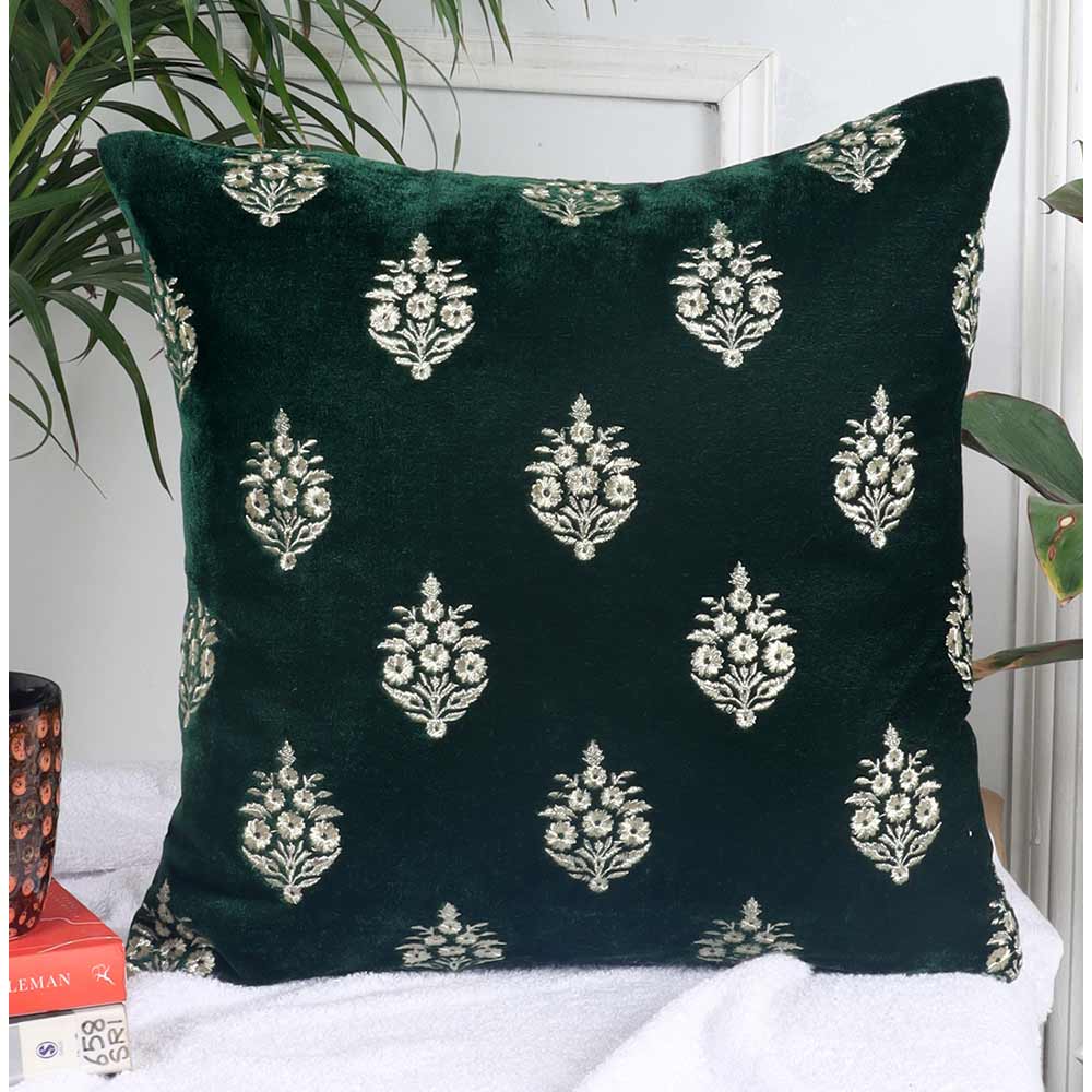 Cushion, Crown Decorative Cushion Covers, Exclusive Zari Embroidered Design Velvet Living Room Cushion Covers, 16x16inch B. Green  Sofa Cushion Cover, Cushion - EL15256