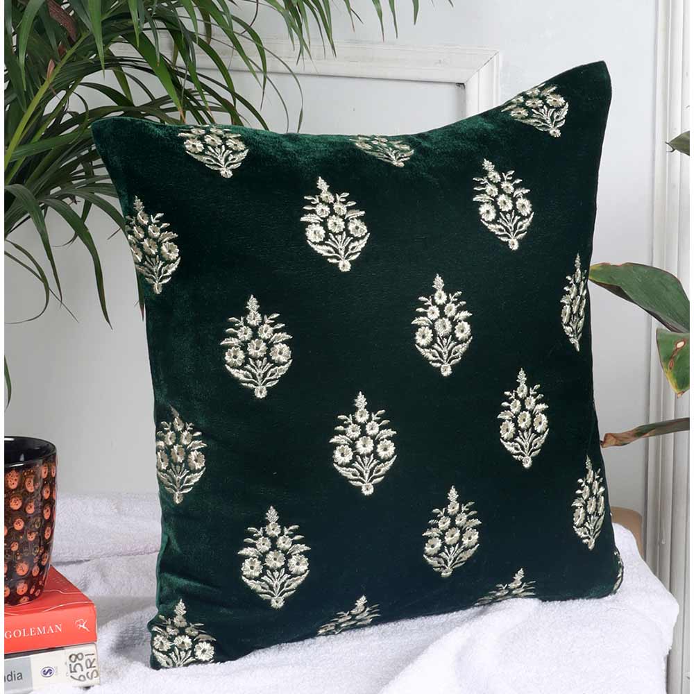 Cushion, Crown Decorative Cushion Covers, Exclusive Zari Embroidered Design Velvet Living Room Cushion Covers, 16x16inch B. Green  Sofa Cushion Cover, Cushion - EL15256