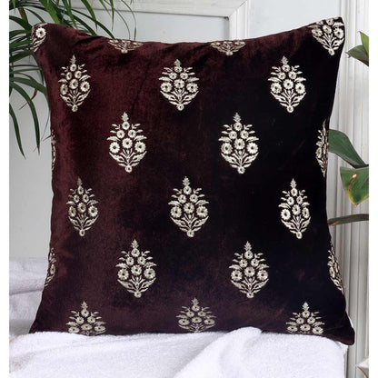 Cushion, Crown Decorative Cushion Covers, Exclusive Zari Embroidered Design Velvet Living Room Cushion Covers, 16x16inch Brown Sofa Cushion Cover, Cushion - EL15257