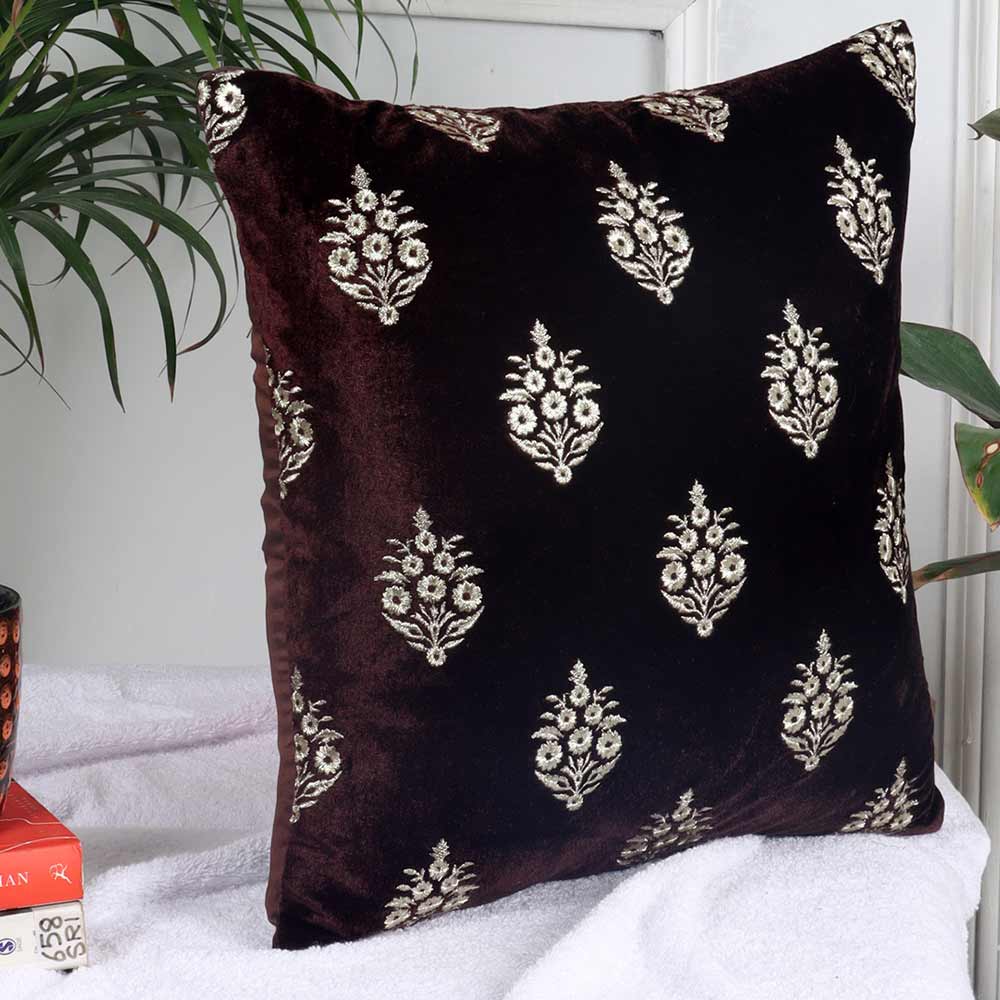 Cushion, Crown Decorative Cushion Covers, Exclusive Zari Embroidered Design Velvet Living Room Cushion Covers, 16x16inch Brown Sofa Cushion Cover, Cushion - EL15257