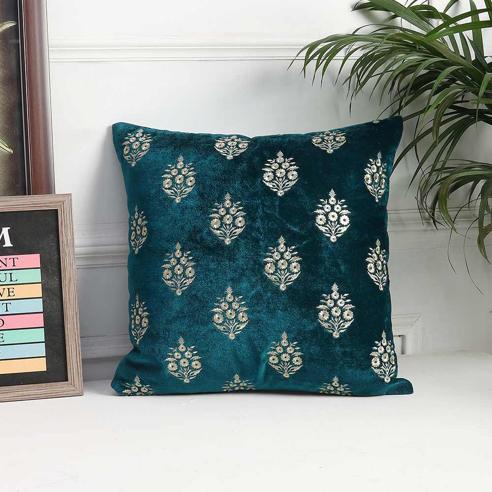 Cushion, Crown Decorative Cushion Covers, Exclusive Zari Embroidered Design Velvet Living Room Cushion Covers, 16x16inch Turquoise Sofa Cushion Cover, Cushion - EL15258