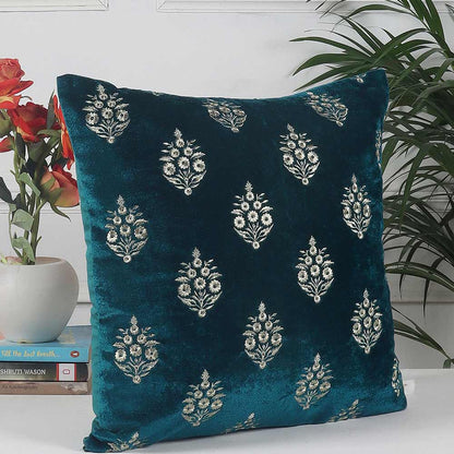 Cushion, Crown Decorative Cushion Covers, Exclusive Zari Embroidered Design Velvet Living Room Cushion Covers, 16x16inch Turquoise Sofa Cushion Cover, Cushion - EL15258