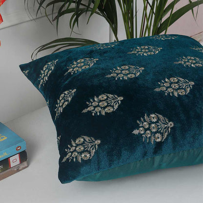 Cushion, Crown Decorative Cushion Covers, Exclusive Zari Embroidered Design Velvet Living Room Cushion Covers, 16x16inch Turquoise Sofa Cushion Cover, Cushion - EL15258