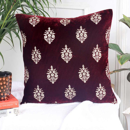 Cushion, Crown Decorative Cushion Covers, Exclusive Zari Embroidered Design Velvet Living Room Cushion Covers, 16x16inch Wine Sofa Cushion Cover, Cushion - EL15259