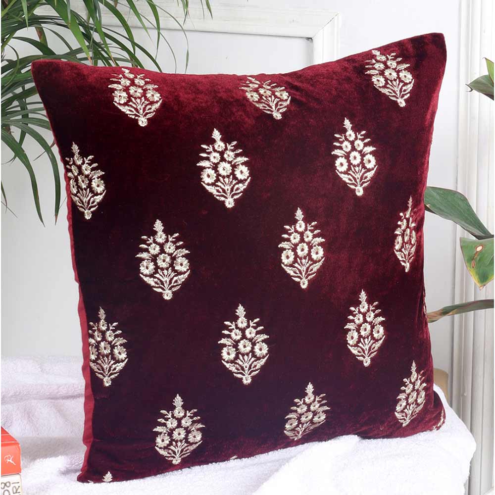 Cushion, Crown Decorative Cushion Covers, Exclusive Zari Embroidered Design Velvet Living Room Cushion Covers, 16x16inch Wine Sofa Cushion Cover, Cushion - EL15259