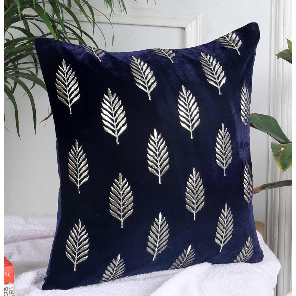 Cushion, Palm Decorative Cushion Covers, Exclusive Zari Embroidered Design Velvet Living Room Cushion Covers, 16x16inch Blue Sofa Cushion Cover, Cushion - EL15260