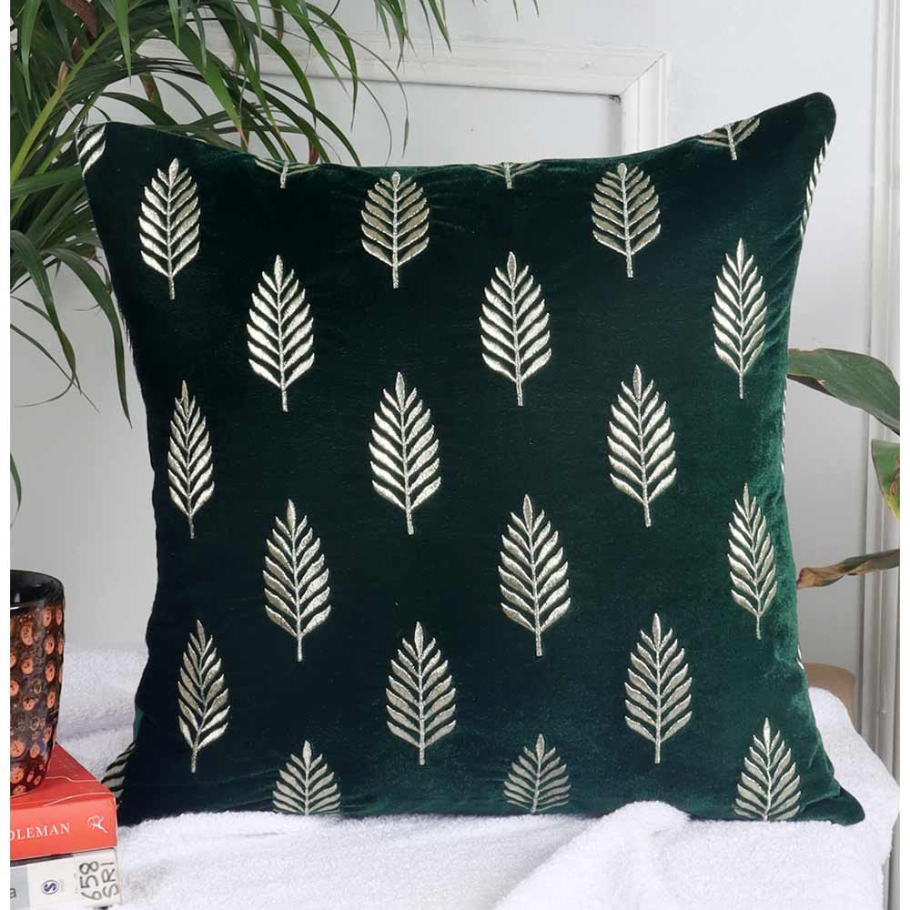 Cushion, Palm Decorative Cushion Covers, Exclusive Zari Embroidered Design Velvet Living Room Cushion Covers, 16x16inch B. Green  Sofa Cushion Cover, Cushion - EL15261