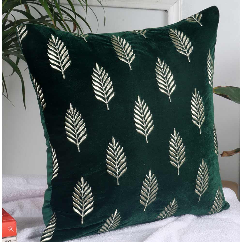 Cushion, Palm Decorative Cushion Covers, Exclusive Zari Embroidered Design Velvet Living Room Cushion Covers, 16x16inch B. Green  Sofa Cushion Cover, Cushion - EL15261