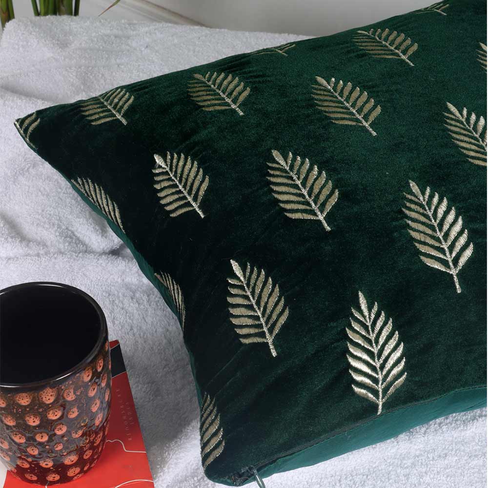 Cushion, Palm Decorative Cushion Covers, Exclusive Zari Embroidered Design Velvet Living Room Cushion Covers, 16x16inch B. Green  Sofa Cushion Cover, Cushion - EL15261