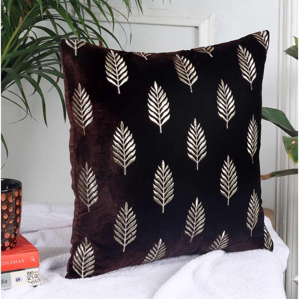 Cushion, Palm Decorative Cushion Covers, Exclusive Zari Embroidered Design Velvet Living Room Cushion Covers, 16x16inch Brown Sofa Cushion Cover, Cushion - EL15262