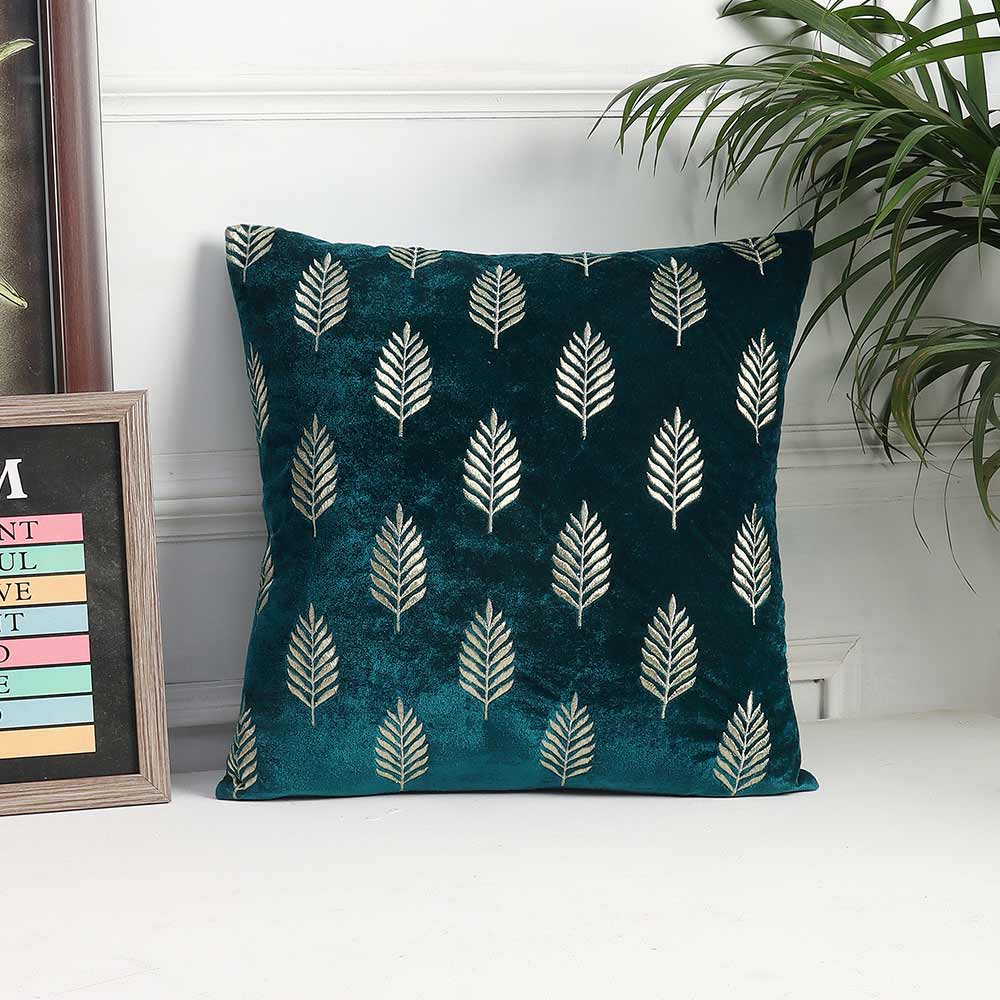 Cushion, Palm Decorative Cushion Covers, Exclusive Zari Embroidered Design Velvet Living Room Cushion Covers, 16x16inch Turquoise Sofa Cushion Cover, Cushion - EL15263