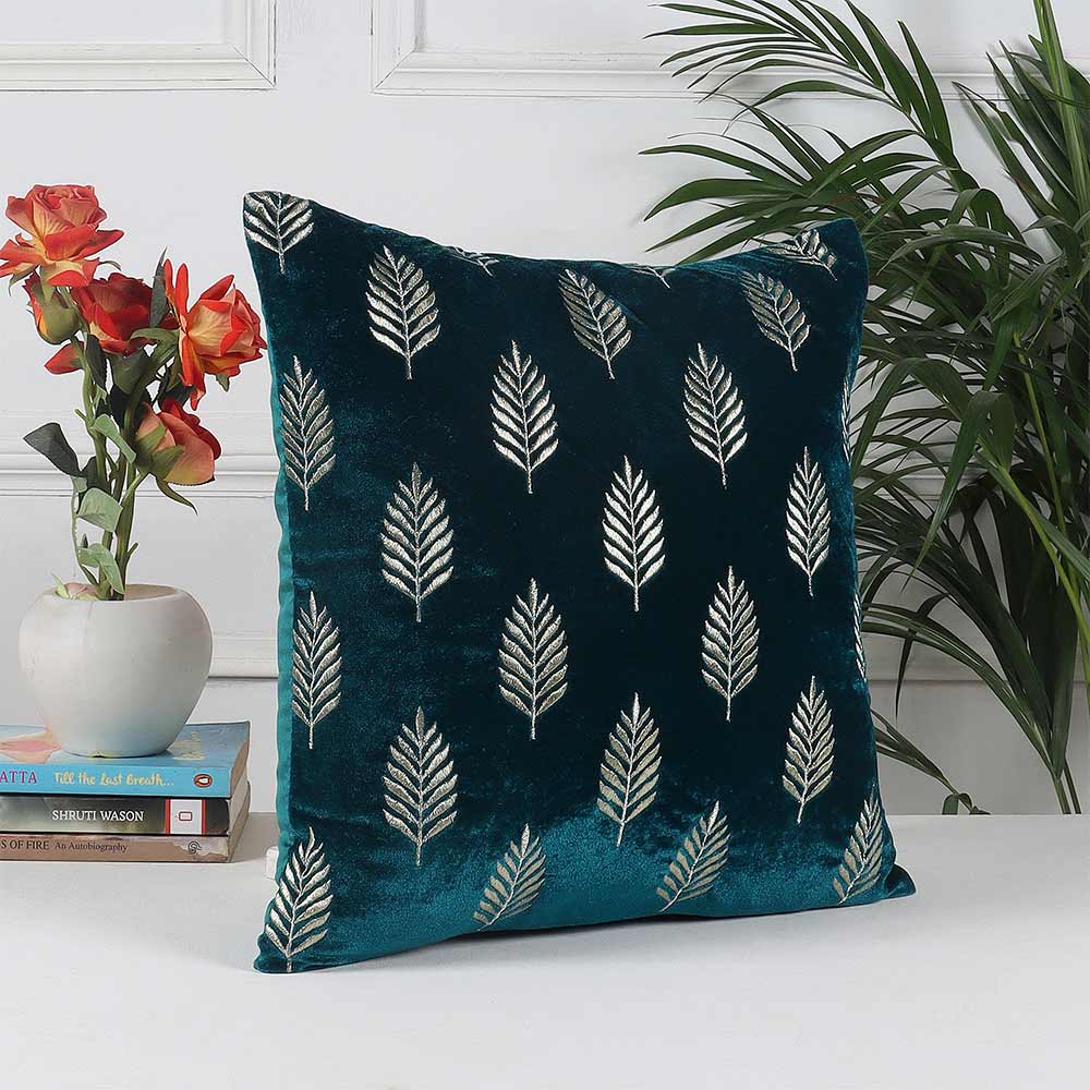 Cushion, Palm Decorative Cushion Covers, Exclusive Zari Embroidered Design Velvet Living Room Cushion Covers, 16x16inch Turquoise Sofa Cushion Cover, Cushion - EL15263