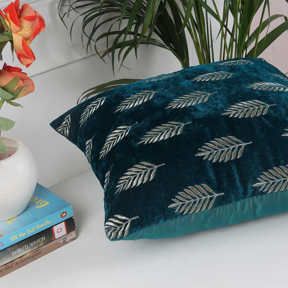 Cushion, Palm Decorative Cushion Covers, Exclusive Zari Embroidered Design Velvet Living Room Cushion Covers, 16x16inch Turquoise Sofa Cushion Cover, Cushion - EL15263