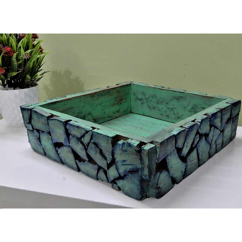 Wooden Blocks mosaic pattern Tray cum table organizer or fruit basket distressed antique looks serving tray mint green color, Tray - EL15266