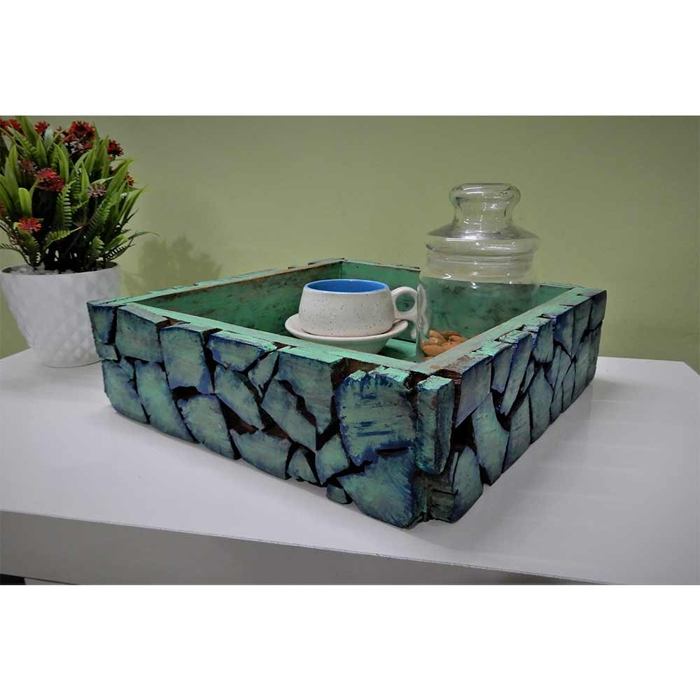 Wooden Blocks mosaic pattern Tray cum table organizer or fruit basket distressed antique looks serving tray mint green color, Tray - EL15266