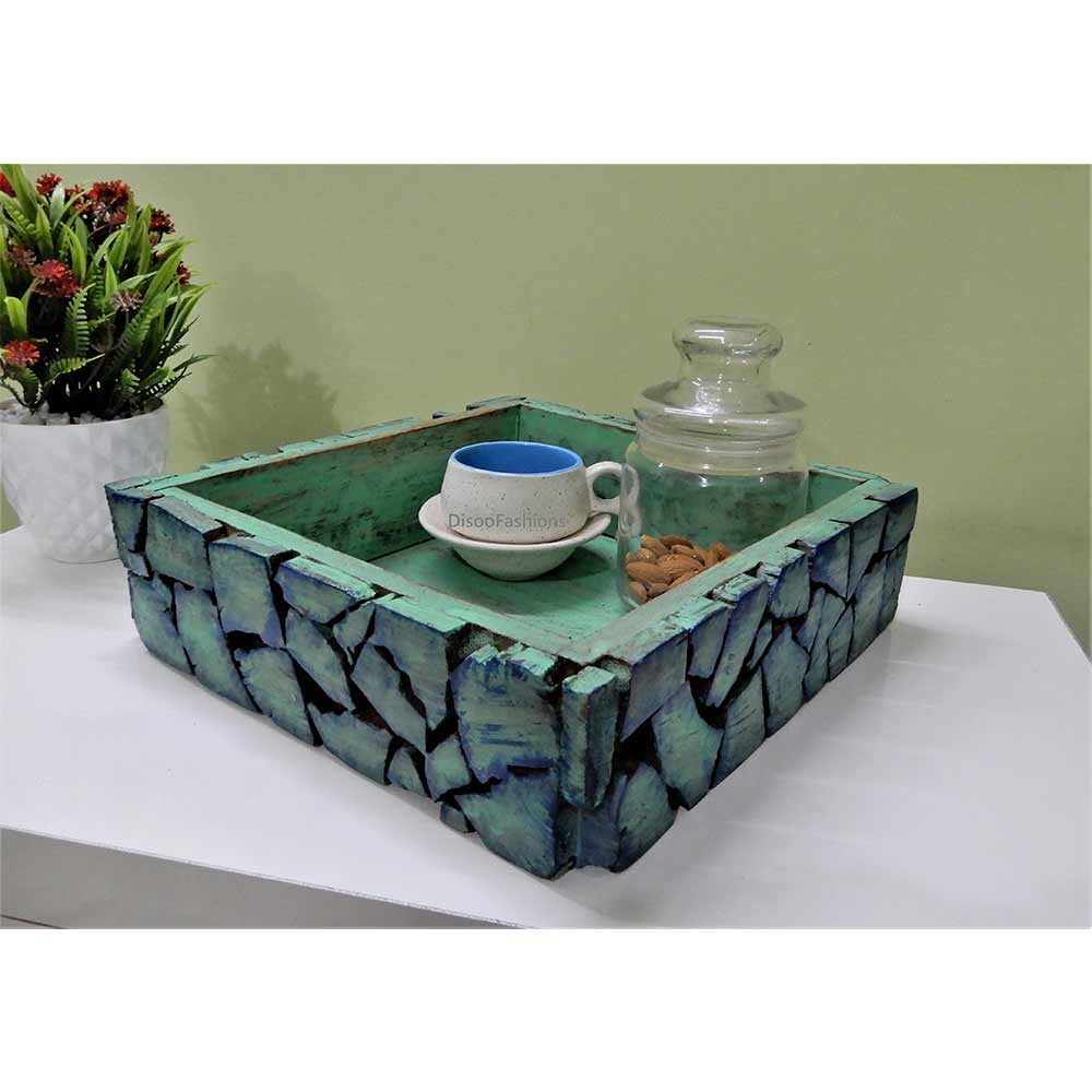 Wooden Blocks mosaic pattern Tray cum table organizer or fruit basket distressed antique looks serving tray mint green color, Tray - EL15266