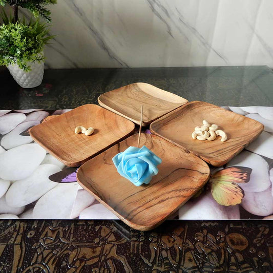 PT01, Serving Wooden Small Size Plates(Set of 4 plates)made of Acasia wood. Use it to serve salad, dry fruits or snacks or fruits, Plates - EL15270