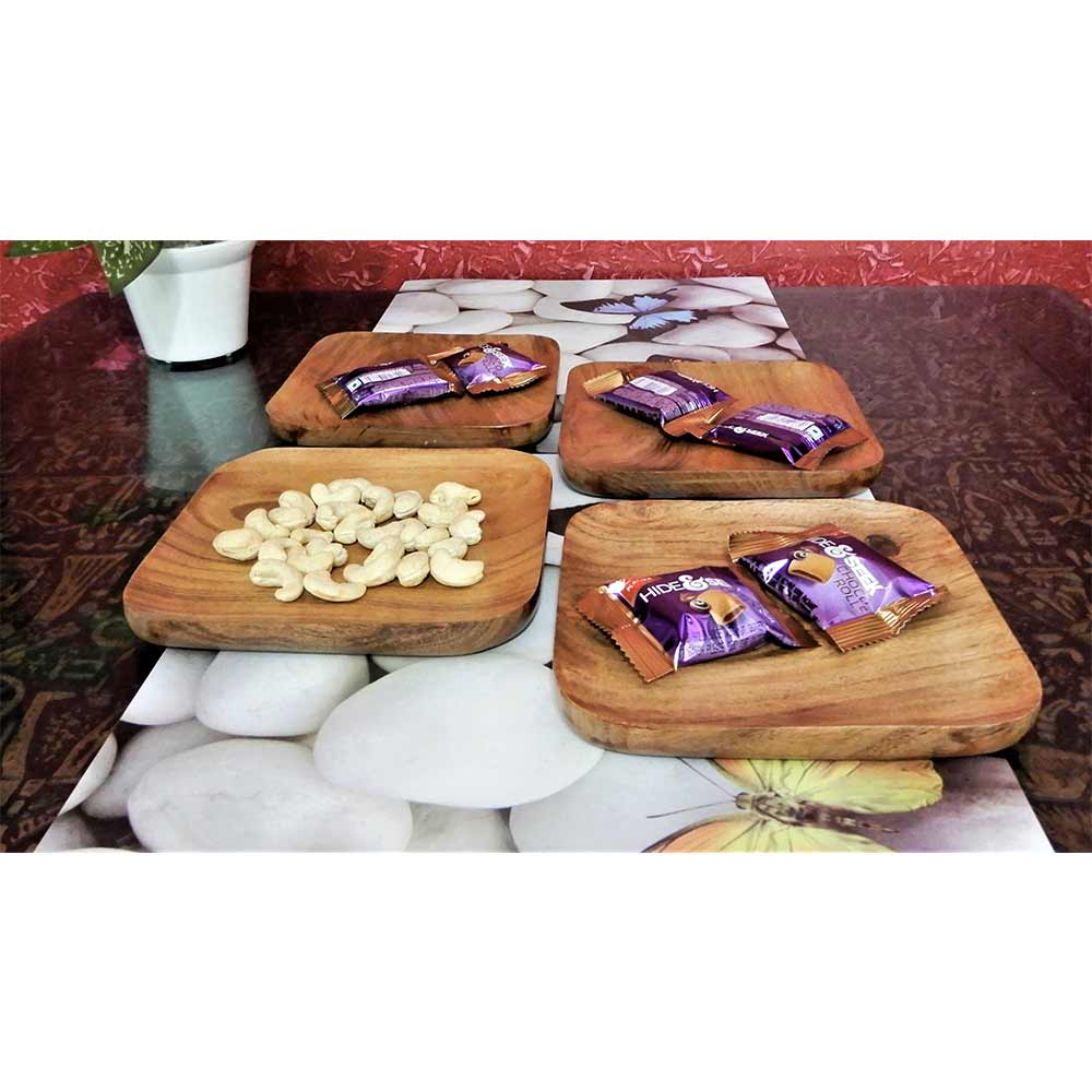 PT01, Serving Wooden Small Size Plates(Set of 4 plates)made of Acasia wood. Use it to serve salad, dry fruits or snacks or fruits, Plates - EL15270