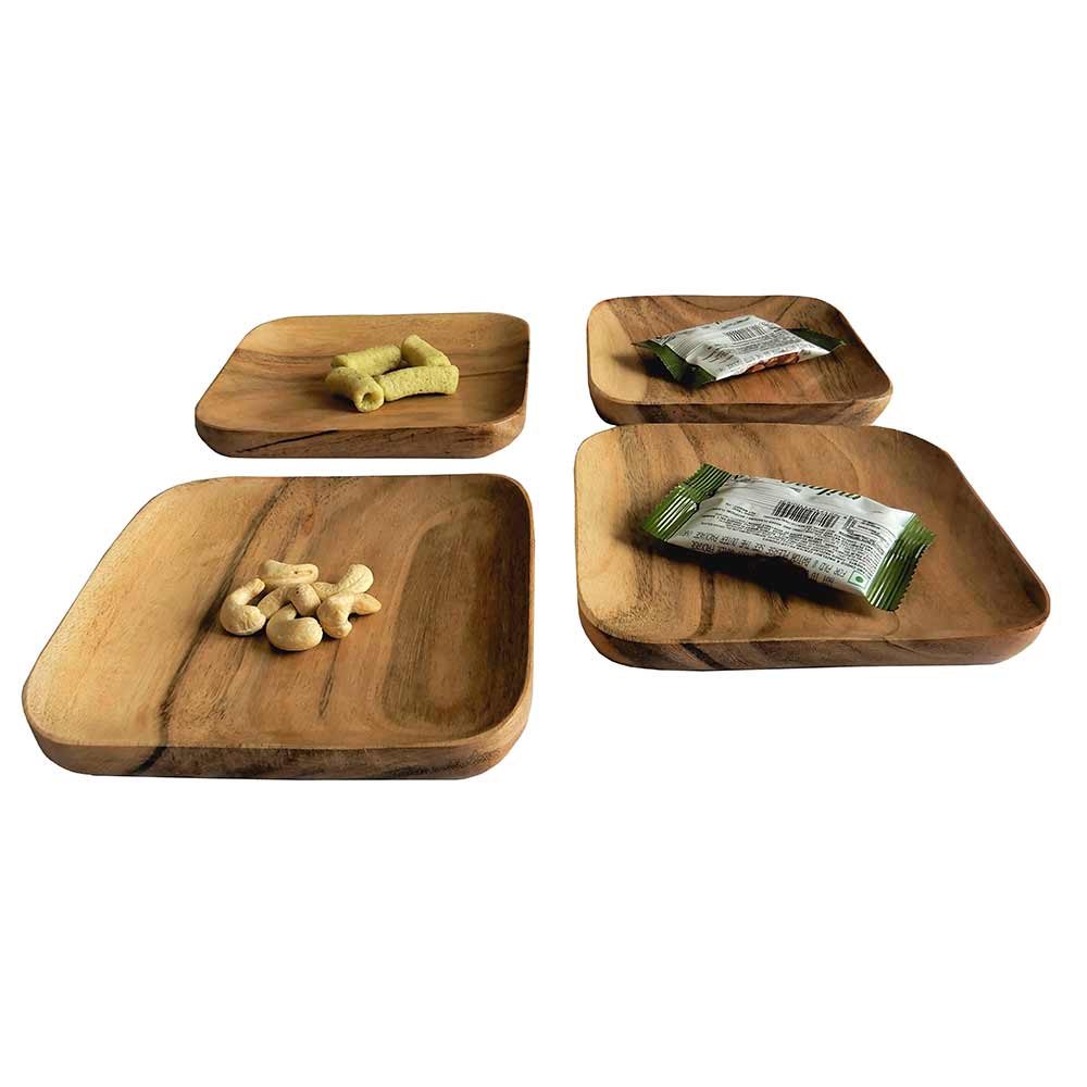 PT01, Serving Wooden Small Size Plates(Set of 4 plates)made of Acasia wood. Use it to serve salad, dry fruits or snacks or fruits, Plates - EL15270