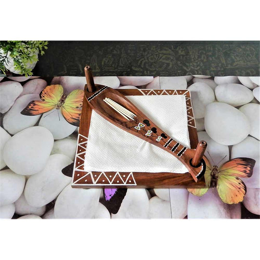 TS0011, Tissue holder of rosewood Color Finish handpainted Warli Art design makes it more elegant, Can be used as tooth pick holder or table decor,Fish Design Table D�cor , Tissue Holder - EL15277