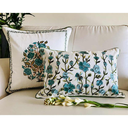 Cushion Covers(TSHEGFB02M), NOOR- Embroidered Cotton Silk Cushion Cover- Pastel Blue & Green- Set of 2, Cushion Covers - EL15286