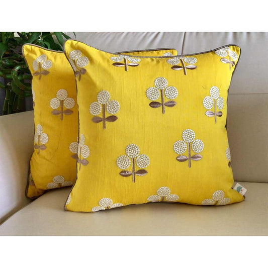 Cushion Covers(TSHEYT02M), CHINAR- Embroidered Cotton Silk Cushion Cover- Mango Yellow & Gold- Set of 2, Cushion Covers - EL15289