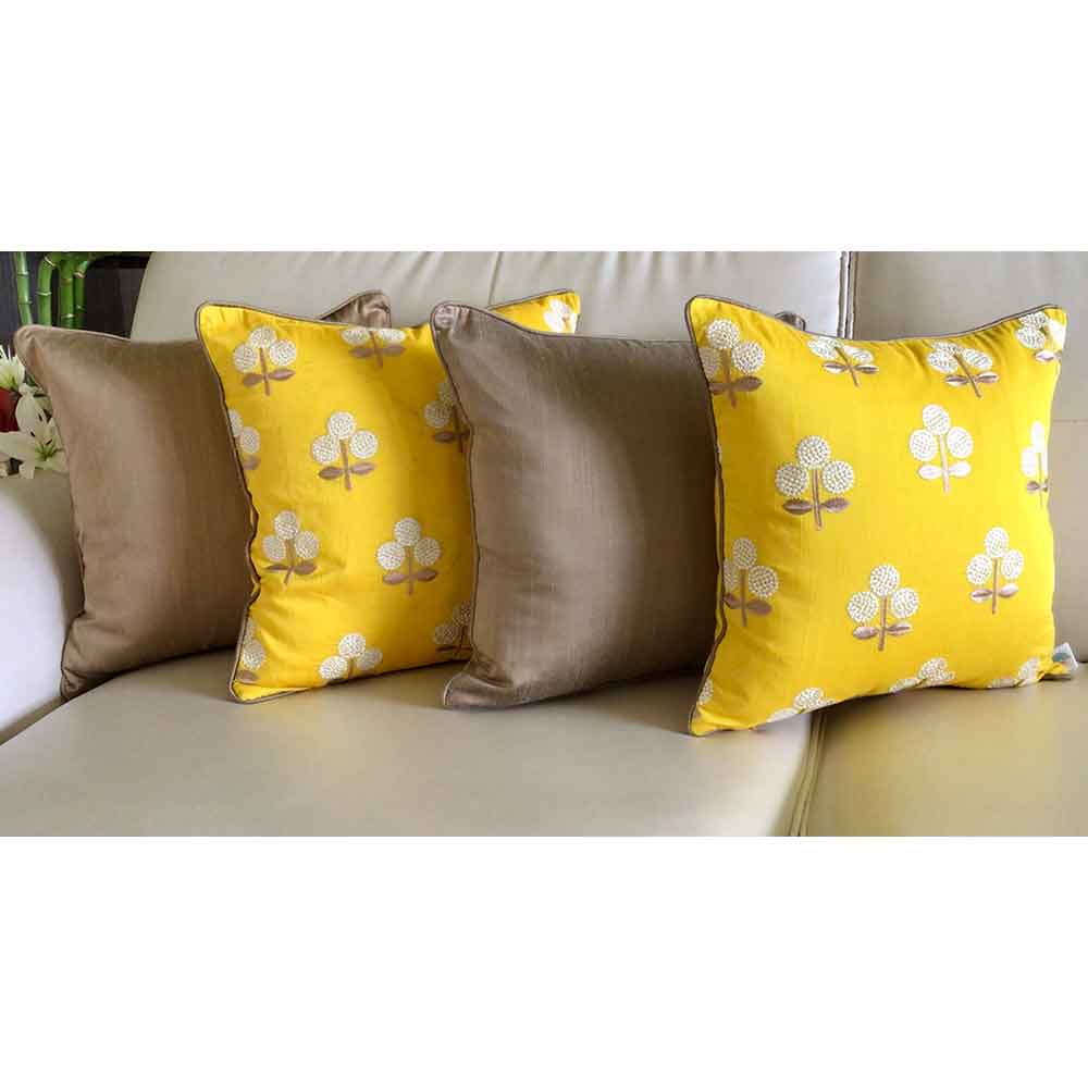 Cushion Covers(TSHEYT02M), CHINAR- Embroidered Cotton Silk Cushion Cover- Mango Yellow & Gold- Set of 2, Cushion Covers - EL15289