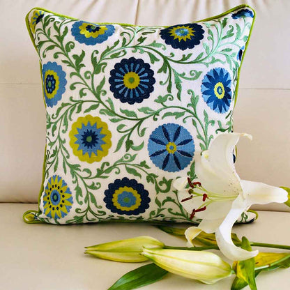 Cushion Covers(TSHEFGB02M), Shaan-e-Gulmarg -  Embroidered Cotton Silk Cushion Cover- Blue & Green- Set of 2, Cushion Covers - EL15292