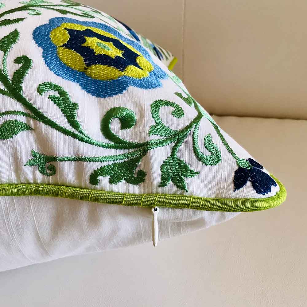 Cushion Covers(TSHEFGB02M), Shaan-e-Gulmarg -  Embroidered Cotton Silk Cushion Cover- Blue & Green- Set of 2, Cushion Covers - EL15292