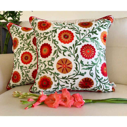 Cushion Covers(TSHEFM02M), Shaan-e-Gulmarg-  Embroidered Cotton Silk Cushion Cover- Multicolor- Set of 2, Cushion Covers - EL15293