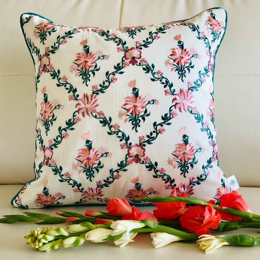 Cushion Covers(TSHEPT02M), Paradise- Embroidered Cotton Silk Cushion Cover- Teal Blue & Off- White- Set of 2, Cushion Covers - EL15296