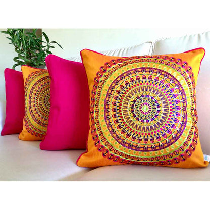 Cushion Covers(TSHCIO02M), Colors of India- Embroidered Cotton Silk Cushion Cover- Vermillion Orange- Set of 2, Cushion Covers - EL15298