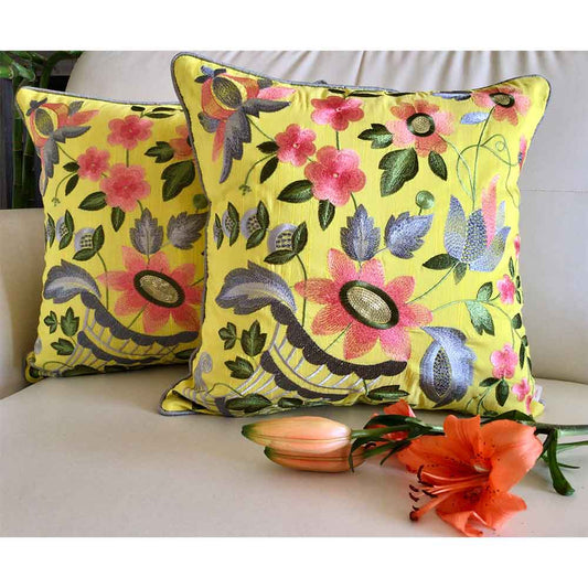 Cushion Covers(TSHFEY02M), Floral Ecstasy- Embroidered Cotton Silk Cushion Cover- Limoncello Yellow- Set of 2, Cushion Covers - EL15300