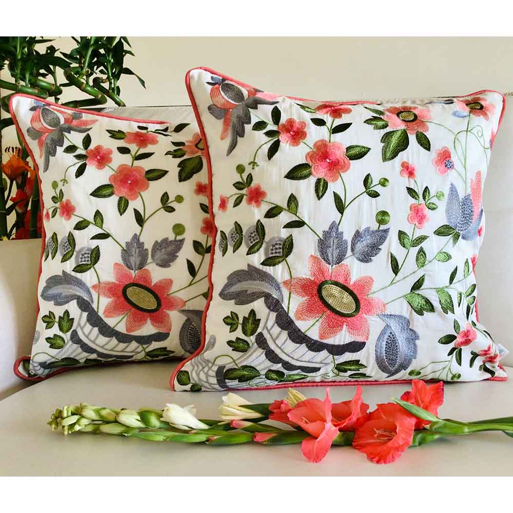 Cushion Covers(TSHFEC02M), Floral Ecstasy- Embroidered Cotton Silk Cushion Cover- Coral Pink- Set of 2, Cushion Covers - EL15301