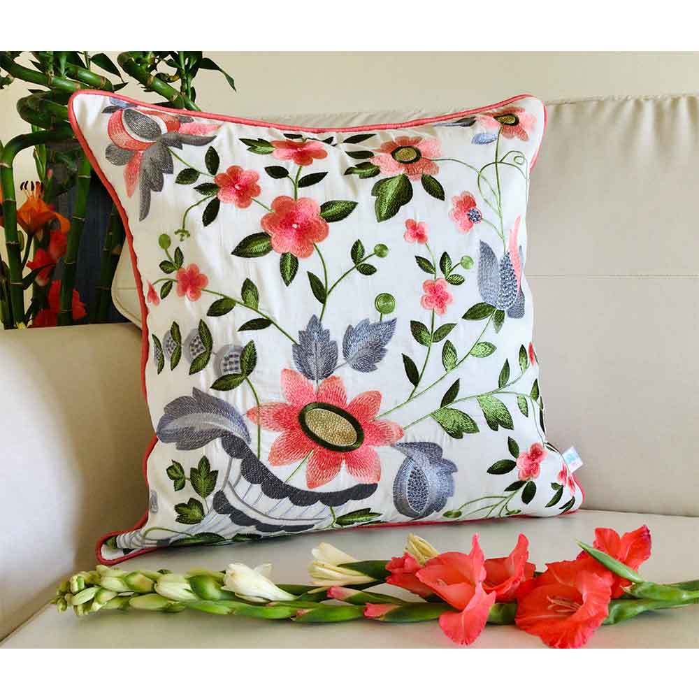 Cushion Covers(TSHFEC02M), Floral Ecstasy- Embroidered Cotton Silk Cushion Cover- Coral Pink- Set of 2, Cushion Covers - EL15301