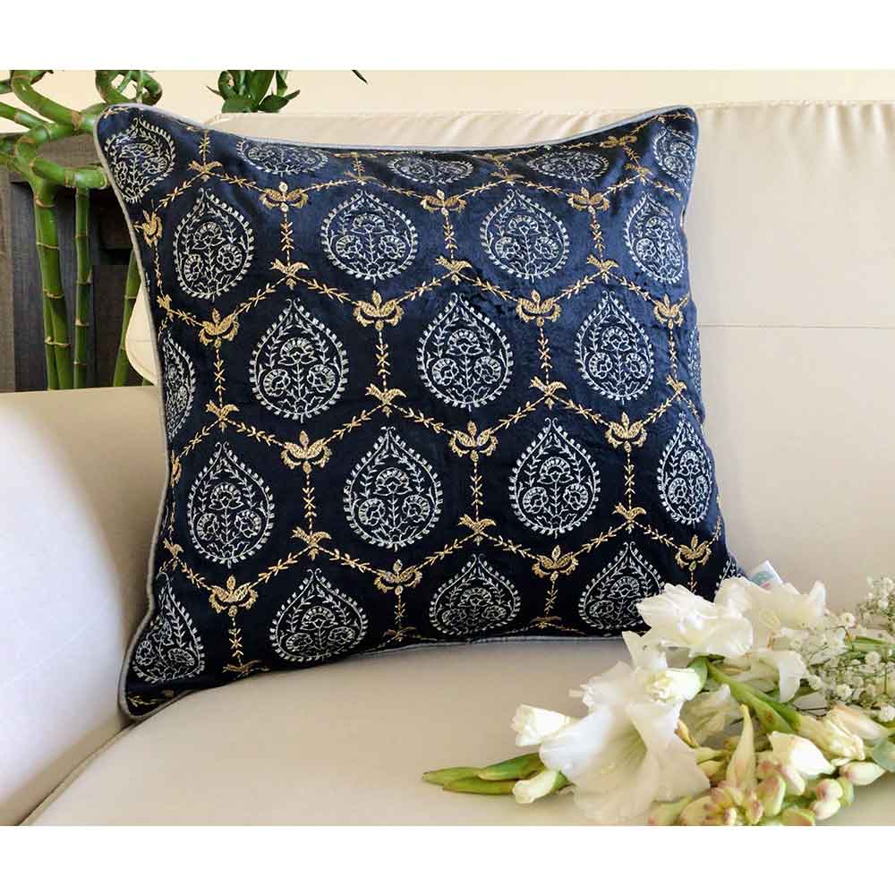 Cushion Covers(TSHVPBS01M), Padmini- Embroidered Luxury Velvet Cushion Cover- Midnight Blue- Set of 1, Cushion Covers - EL15303