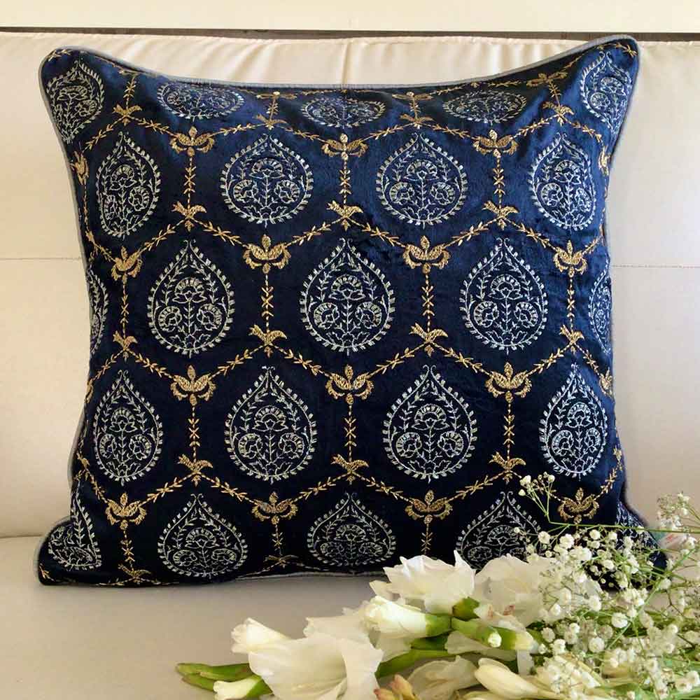 Cushion Covers(TSHVPBS01M), Padmini- Embroidered Luxury Velvet Cushion Cover- Midnight Blue- Set of 1, Cushion Covers - EL15303